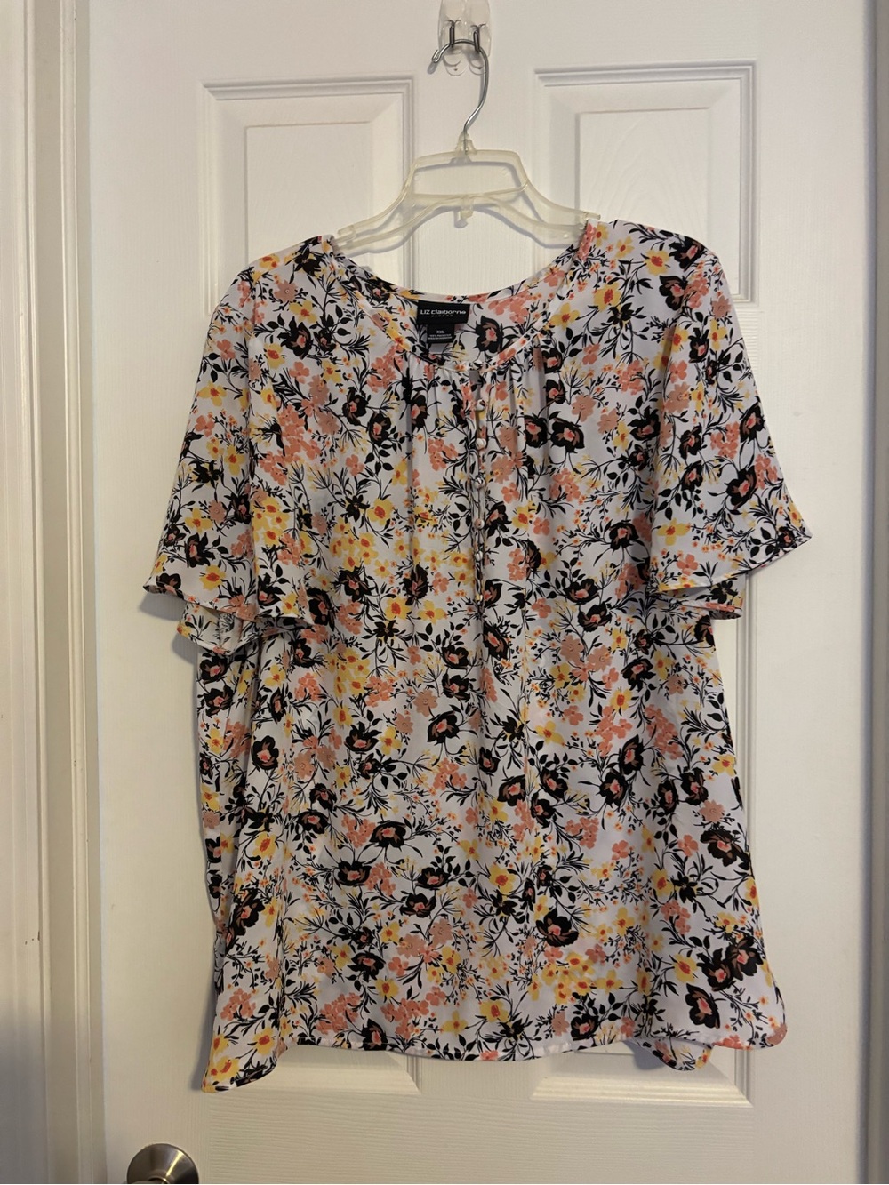 Liz Claiborne Floral Short Sleeve Blouse - White with Black, Pink & Yellow
